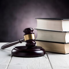 Obraz premium Legal Wisdom Gavel on white surface next to stack of books, dark gradient background For Social Media Post Size