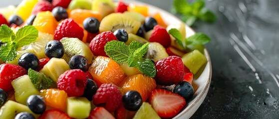 Obraz premium Fresh fruit salad with blueberries, raspberries, kiwi, orange and strawberries