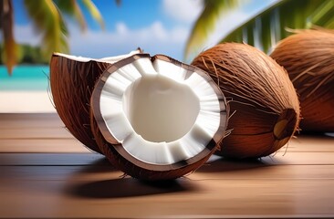 Juicy coconuts against the backdrop of a summer beach. Healthy food and self-care. 