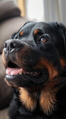 Obraz premium A regal Rottweiler dog stands proudly against a blurred autumn backdrop.