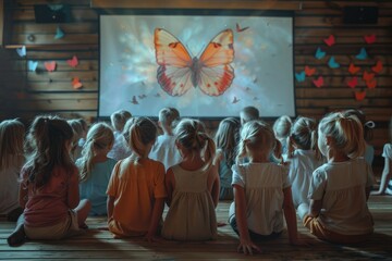 Group of children attentively watching an enchanting butterfly film in a cozy wooden room decorated with colorful paper butterflies, capturing their wonder and curiositychildren