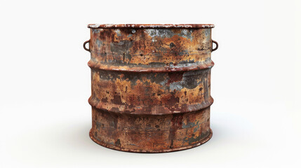 Fototapeta premium An old, rusty barrel filled with fuel or crude oil, isolated on a background.