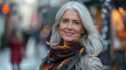 Fototapeta premium Beautiful white haired mature woman posing in a city street looking at the camera