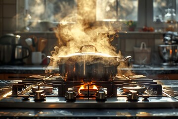 The warm sunlit kitchen scene captures an atmospheric ambiance with a steaming pot cooking on a modern gas stove, radiating heat and comfort.steam