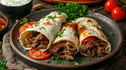 Traditional Turkish Doner Kebab Wrapped in Lavash Bread With Savory Sauce on a Plate