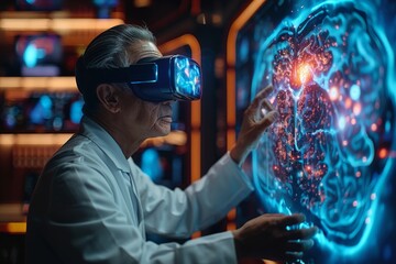 Senior Scientist Using Virtual Reality Headset to Explore Detailed 3D Visualization of Human Brain in High-Tech Laboratory with Advanced Holographic InterfaceVirtual reality