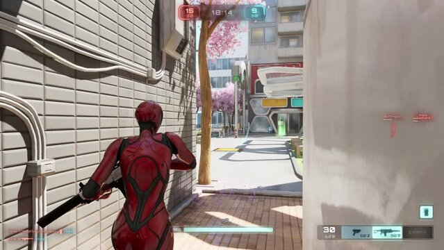 CGI footage of TPS multiplayer console videogame, in sunny deserted urban landscape. Red androids entering arena, grabbing machine gun, powerups, chasing, hiding, killing enemies, earning hit points