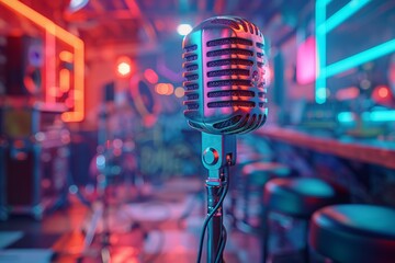 Vintage Microphone on Stand in Retro-Themed Bar with Neon Lights and Musical Instrument Setup...