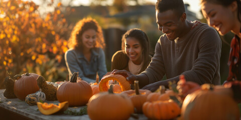 Fototapeta premium Group of Friends Carving Pumpkins Outdoors During Fall