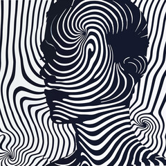 Abstract black and white pop-art minimal poster with silhouette of a man face transformed into sound waves. Surreal geometrical pattern with circular and curved minimalist lines