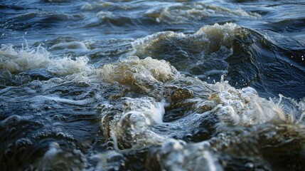 Visible strong river current posing a danger with forbidden swimming due to rippling water surface on a windy day