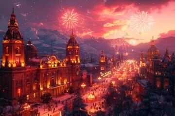 Obraz premium Majestic Winter Evening Cityscape with Illuminated Historic Buildings and Vibrant Fireworks Display Under Colorful Sky in Snowy Townfireworks