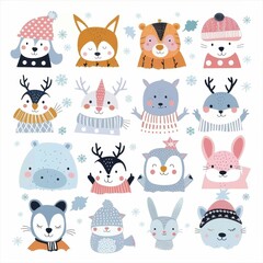 Cute animal Christmas set illustration. festive winter Christmas funny animal characters. Winter-themed featuring cute animal faces perfect for festive and holiday designs, gift wrapping