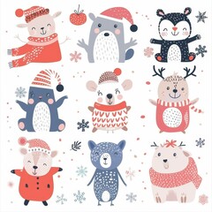Cute animal Christmas set illustration. festive winter Christmas funny animal characters. Winter-themed featuring cute animal faces perfect for festive and holiday designs, gift wrapping