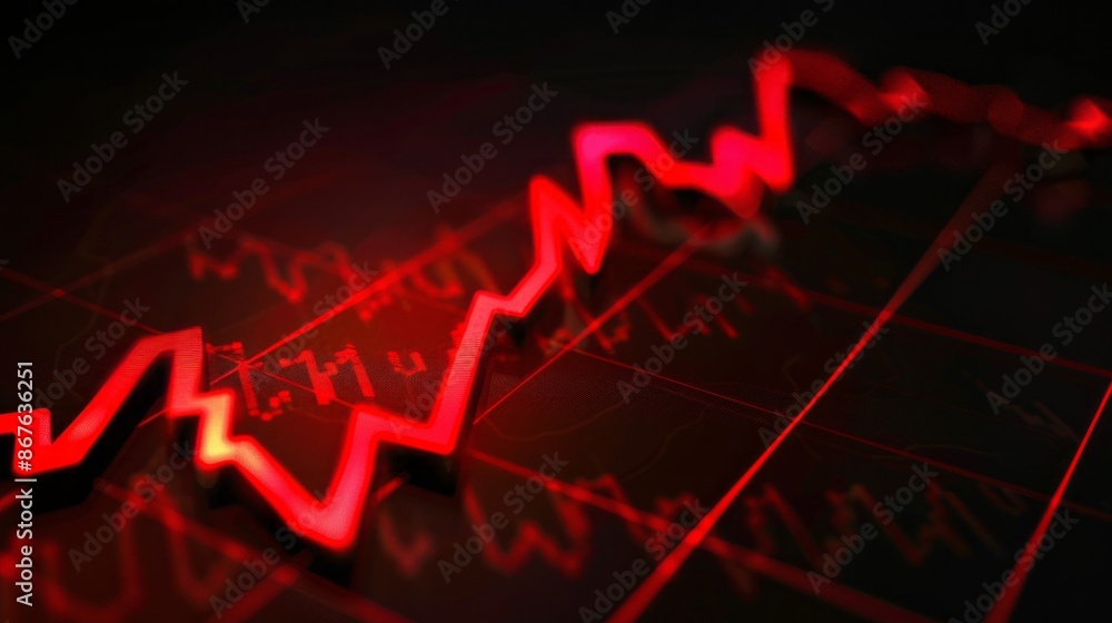 Poster a close-up shot of a red line descending on a dark stock market chart, representing a decline in mar