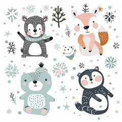 Cute animal Christmas set illustration. festive winter Christmas funny animal characters. Winter-themed featuring cute animal faces perfect for festive and holiday designs, gift wrapping