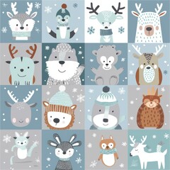 Cute animal Christmas set illustration. festive winter Christmas funny animal characters. Winter-themed featuring cute animal faces perfect for festive and holiday designs, gift wrapping
