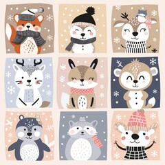 Cute animal Christmas set illustration. festive winter Christmas funny animal characters. Winter-themed featuring cute animal faces perfect for festive and holiday designs, gift wrapping