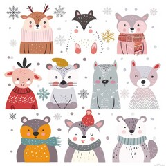 Cute animal Christmas set illustration. festive winter Christmas funny animal characters. Winter-themed featuring cute animal faces perfect for festive and holiday designs, gift wrapping