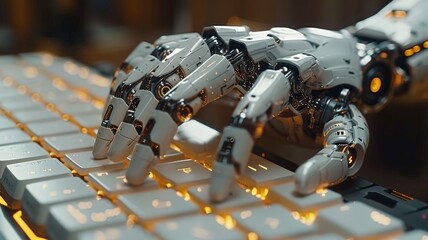 Fototapeta premium Artificial Intelligence Robot Hand Typing on a Keyboard with Glowing Keys, Illustrating Advanced Technology and Automation in Digital Environments