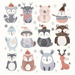 Cute animal Christmas set illustration. festive winter Christmas funny animal characters. Winter-themed featuring cute animal faces perfect for festive and holiday designs, gift wrapping