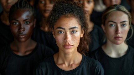 Fototapeta premium Portrait of a Diverse Group of Women in Black Clothing Facing Camera with Serious Expressions and Blurred Background Highlighting Unity and Strengthdiversity