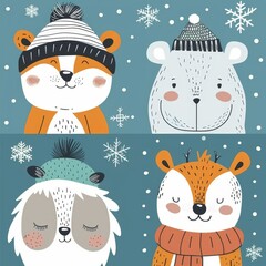 Cute animal Christmas set illustration. festive winter Christmas funny animal characters. Winter-themed featuring cute animal faces perfect for festive and holiday designs, gift wrapping