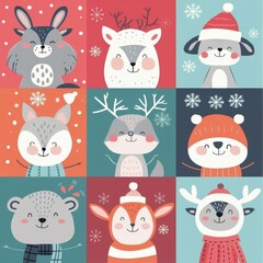 Cute animal Christmas set illustration. festive winter Christmas funny animal characters. Winter-themed featuring cute animal faces perfect for festive and holiday designs, gift wrapping
