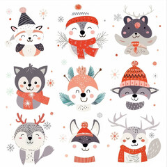 Cute animal Christmas set illustration. festive winter Christmas funny animal characters. Winter-themed featuring cute animal faces perfect for festive and holiday designs, gift wrapping