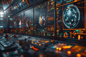 Futuristic Space Mission Control Center with Advanced Technology Panels and Screens Displaying Earth and Data Analyses in High Tech Environmenttechnology