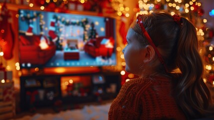 Obraz premium Young Girl Watching Festive Christmas Movie on TV in Cozy Living Room Decorated with Christmas Lights and Ornaments During Holiday Season