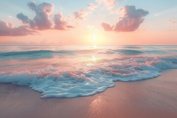 Serene sunrise over a tranquil beach with gentle waves and pastel-colored sky, perfect for a peaceful and calming background image.