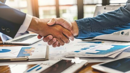 Business partners handshake over financial documents and growth charts, Successful investment deal