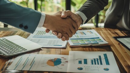 Successful business partners sealing investment deal with handshake over financial documents and growth charts on table