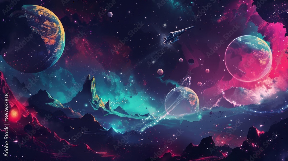 Wall mural colorful vintage abstract galaxy illustration with retro futuristic space wallpaper - 4k background 