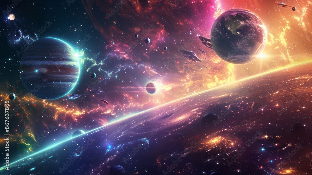 Wall mural colorful vintage abstract galaxy illustration with retro futuristic space wallpaper - 4k background 