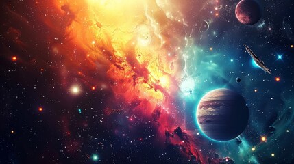 Colorful vintage abstract galaxy illustration with retro futuristic space wallpaper - 4k background featuring planets and spaceships flying through the galaxy