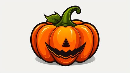 A cheerful jack-o'-lantern with a carved triangular nose and eyes, and a single green leaf on top, evoking a festive and playful Halloween mood.
