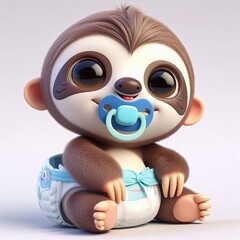 Fototapeta premium cute baby sloth wearing pacifier and diaper cartoon 3d Generative AI