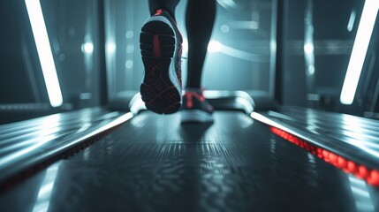 A close-up of a runners foot as they pound the treadmill belt in a modern gym. The photo captures the dynamic energy of a workout