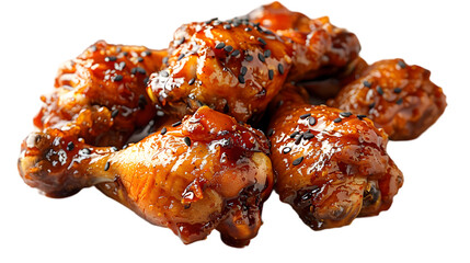  A pile of spicy Korean fried chicken drumsticks drenched in chili sauce