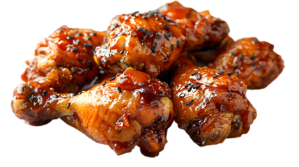  A pile of spicy Korean fried chicken drumsticks drenched in chili sauce