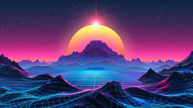 Retro neon synthwave arcade game background with techno mountain landscape, bright sun, and futuristic digital pattern - dark poster for retro wave future space wallpaper, vector illustration