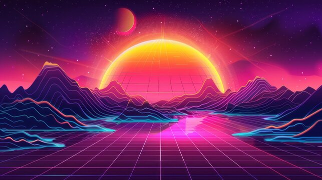 Retro neon synthwave arcade game background with techno mountain landscape, bright sun, and futuristic digital pattern - dark poster for retro wave future space wallpaper, vector illustration - Powered by Adobe