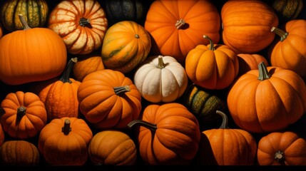 An assortment of pumpkins, including orange, white, and striped varieties, are spread out, highlighting their diverse shapes, sizes, and textures in a detailed and vibrant display.