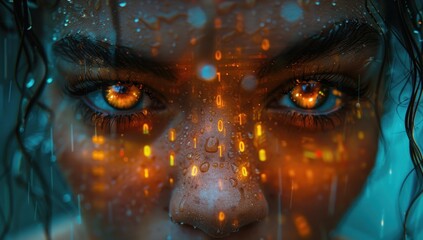 Naklejka premium Digital Rain and Glowing Eyes
