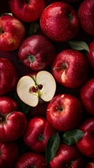 Red apples background with one halved apple, top view. Fresh fruit and healthy eating concept