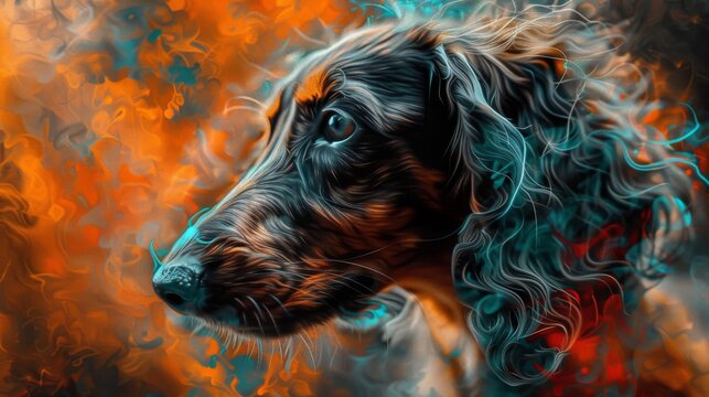 A stunning image of a dog with curly fur, depicted in vibrant colors and surrounded by an abstract background, blending elements of surrealism and digital artistry.