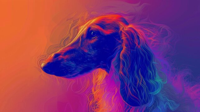 A vibrant and colorful artistic representation of a dog in profile, highlighted with neon colors and abstract patterns that create a surreal and dynamic visual experience.