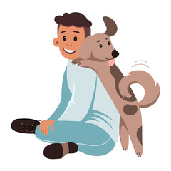 Happy boy and dog sitting together on floor illustration. Cartoon isolated portrait of funny best friends characters, puppy hugging kid, young little pet owner and animal friend playing